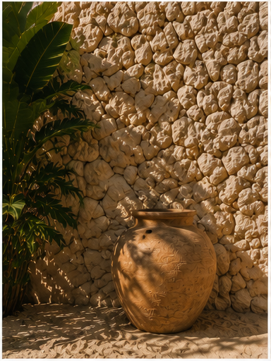 Terracotta pot against coral stone wall with tropical palms
