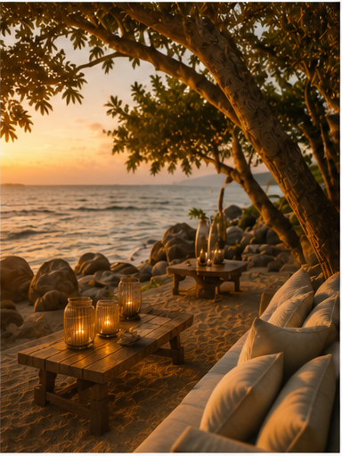 Beachside lounge with lanterns at golden hour