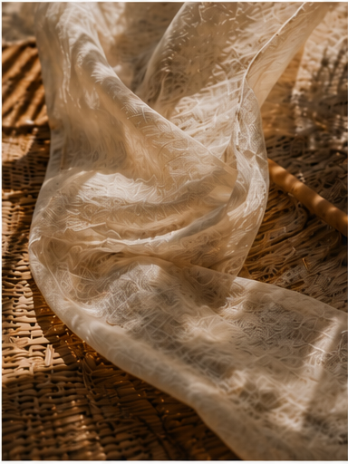 Delicate sheer linen fabric on woven rattan