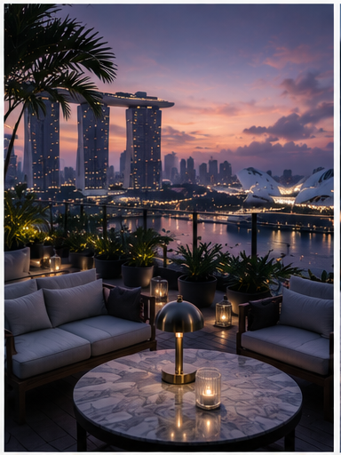Rooftop terrace with Marina Bay Sands view at sunset