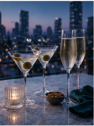 Elegant cocktails with city skyline