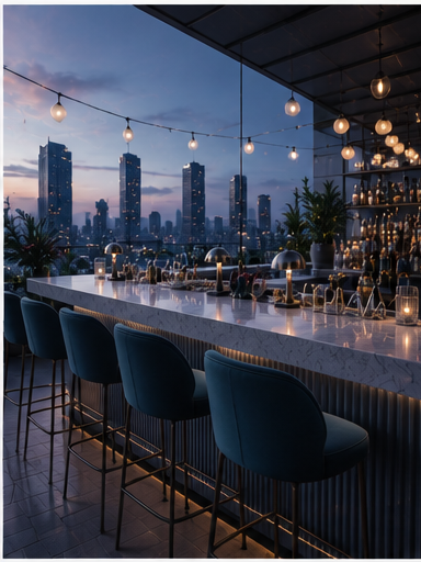 Sophisticated rooftop bar at dusk